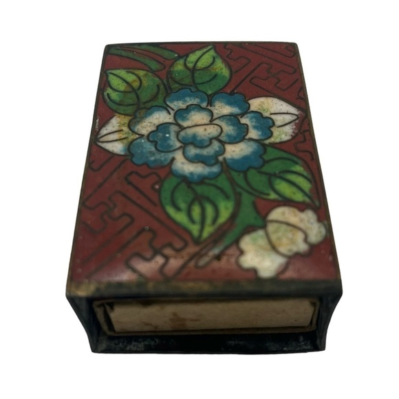 Antique Chinese Cloisonné Enamel Flower Print Match Safe Matchbox Holder Red - Picture 3 of 8
